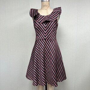 NWOT Bensoni Striped Ruffle Wide Collar Fit Flare Linen Blend Dress 4 w/ Pockets